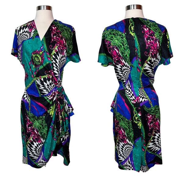 Vintage 80s Pat Argenti Silk Abstract Funky Unique Short Sleeve Midi Dress 8